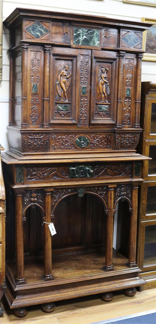 A 19th century Renaissance revival walnut and marble mounted cabinet on stand W.94cm